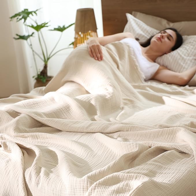 MooMee Muslin Blanket - 100% Cotton 4-Layer Gauze Throw Blanket with All-Around Fringe, Ultra-Soft Breathable Lightweight Cooling Decorative for Bed, Sofa & Couch (Beige,Throw 60" x 50")