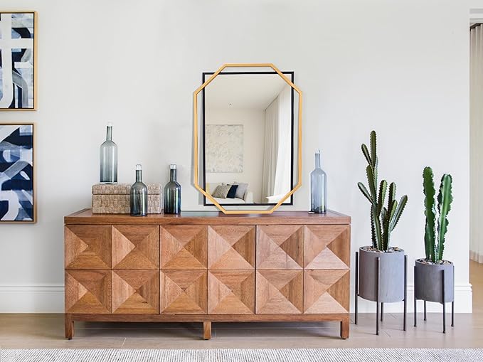 Modern Bathroom Mirror, 36" x 24" Black and Gold Decorative Wall Mirror with Modern Octagonal Metal Frame, for Living Room, Dining Room, Entryway
