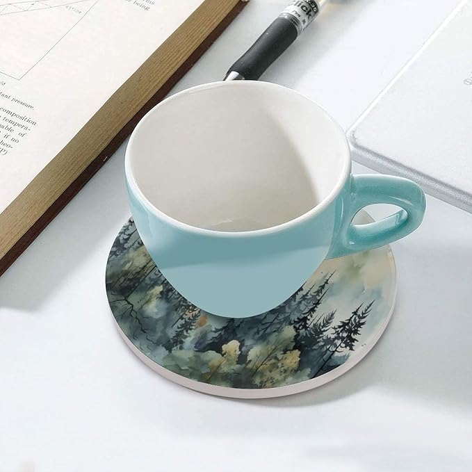 4PCS Forest Drink Coasters, Round Modern Ceramic Absorbent Coasters, Watercolor Style Nature Mountain Woodland Green Forest Flying Birds Decor Desk Coffee Table Coaster for Beverage Cup Tea Coasters