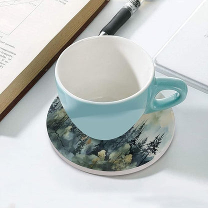 Forest Drink Coasters, Round Ceramic Drink Coaster Round-6PCS, Watercolor Style Nature Mountain Woodland Green Forest Flying Birds Decor Absorbent Ceramic Coasters for Beverage Cup, Bar, Coffee Table