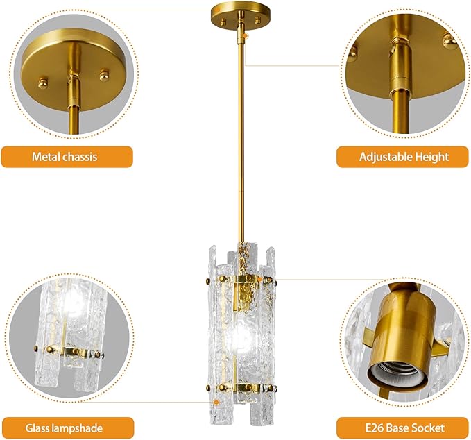 Gold Crystal Pendant Lighting Modern Mini Glass Chandeliers, Adjustable Pendant Light Fixture for Bedroom Dining Room Living Room Kitchen Island Corridor(2 Pack)