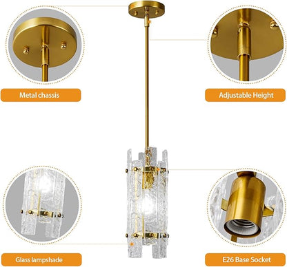 Gold Crystal Pendant Lighting Modern Mini Glass Chandeliers, Adjustable Pendant Light Fixture for Bedroom Dining Room Living Room Kitchen Island Corridor(2 Pack)