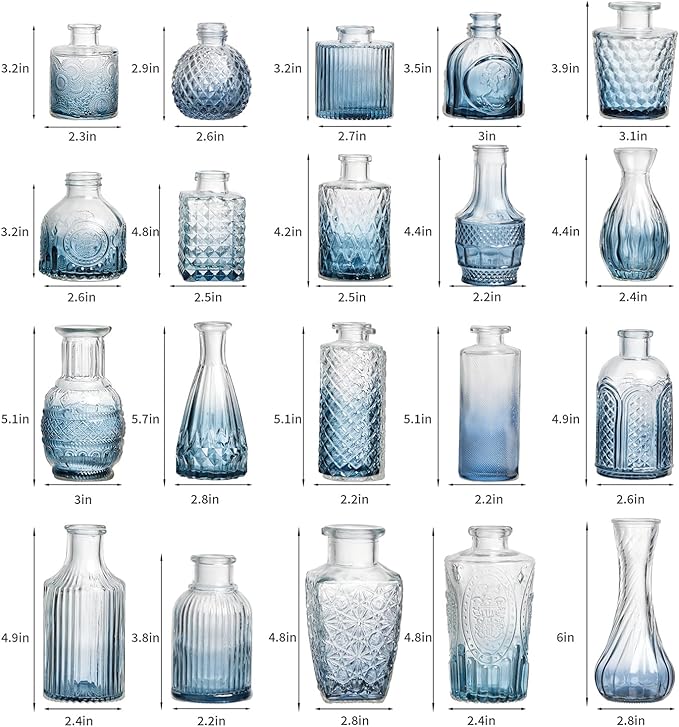 Glass Bud Vase Set of 30 - Small Vases for Flowers in Bulk - Assorted Vintage Crystal Vases for Flowers, Table Centerpieces (Blue, 30 Pcs)