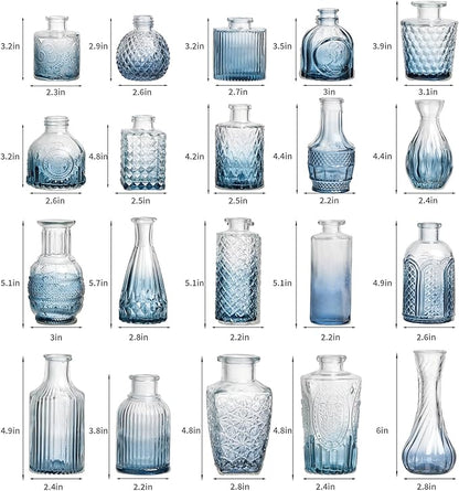 Glass Bud Vase Set of 30 - Small Vases for Flowers in Bulk - Assorted Vintage Crystal Vases for Flowers, Table Centerpieces (Blue, 30 Pcs)