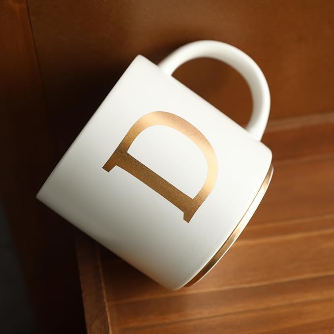 COLLECTIVE HOME - Monogram Ceramic Mugs, 15 oz Golden Initial Coffee Cups, Elegant Alphabet Tea Mugs, Elegant Personalized Mug with Gift Box, Unique Mug with Double Side Capital Letter (D)