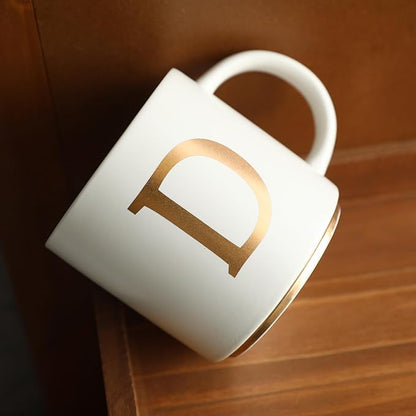 COLLECTIVE HOME - Monogram Ceramic Mugs, 15 oz Golden Initial Coffee Cups, Elegant Alphabet Tea Mugs, Elegant Personalized Mug with Gift Box, Unique Mug with Double Side Capital Letter (D)