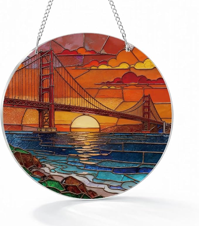 Sunset Bridge Landscape Acrylic Suncatcher, Artistic Colorful Sun Catcher, Indoor Window Wall Art, Aesthetic Home Decor, Window Door Decoration, Birthday Gift for Women, Men, Wife, Aunt, and Mom