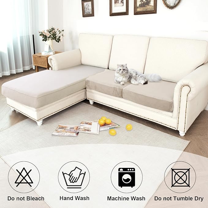 NAISI Waterproof Couch Cushion Covers Thick Velvet Fabric Washable Sofa Slipcovers 2 Pieces Individual Sectional Couch Covers with Elastic Bottom(2 Pcs for 2-Seat or Backrest,Light Taupe)