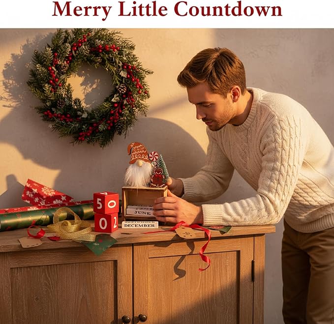 Wooden Christmas Countdown Advent Calendar: Santa Block Calendar with Wood Date - Cute Date Display Blocks Desk Accessory for Home Table Room(Gingerbread Man)