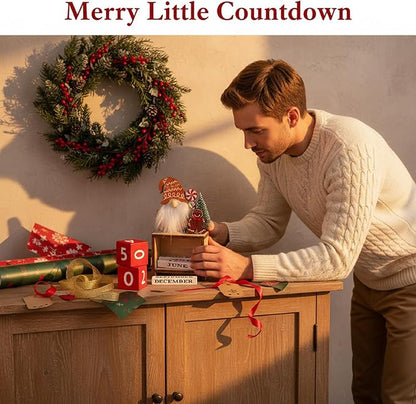 Wooden Christmas Countdown Advent Calendar: Santa Block Calendar with Wood Date - Cute Date Display Blocks Desk Accessory for Home Table Room(Gingerbread Man)