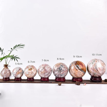 JIC Gem Large Striped Agate Crystal Sphere with Stand Gemstone Decorative Ball for Home Decor Altar Reiki Healing Gift 80-90mm