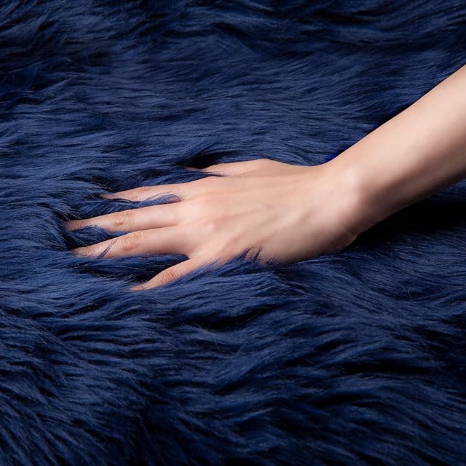Ashler faux fur rug, Fluffy Shaggy Area Rug Ultra Soft 2 x 3 Feet Sheepskin Fur Rug, Navy Blue Fuzzy Rug Machine Washable Shag Rug, Nursery Decor Throw Rugs for Bedroom, kids room, Living Room