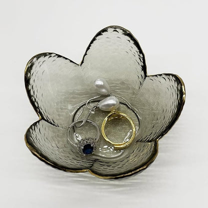 Flower Ring Dish Jewelry Tray, Glass Jewelry Dish Tray, Cute Room Decor Small Trinket Dish, Nightstand Jewlery Ring Holder, Bathroom Jewlery Plate Bowl for Earring Gift for Women (Smoky Black)