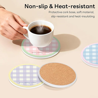 6-Piece Ceramic Coaster Set with Tray Diameter: 3.94 in Thickened Absorbent Material Heat-Resistant and Water-Absorbent Coaster Set Suitable for All Types of Cups， Checkered