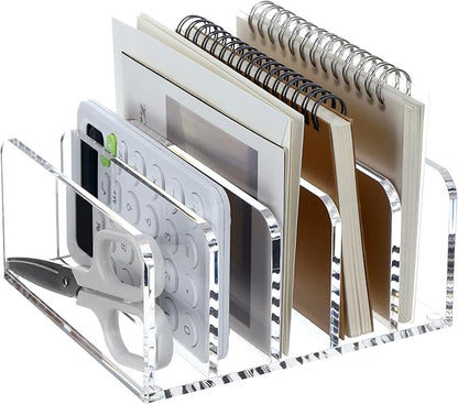 SANRUI Acrylic Desk File Organizer Holder, 5 Upright Clear Desktop Mails Sorter Document Magazine Storage Organization Letter Folder Racks for Home, Office & Classroom