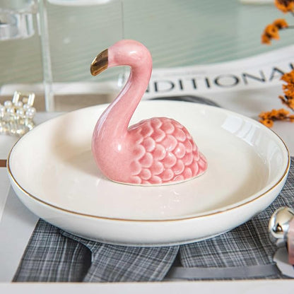 Flamingo Ring Holder Dish, Ceramic Jewelry Tray Trinket Dish for Necklace Keychain Organizer, Cute Funny Birthday Wedding Mothers Day Gift for Women Friends Girls