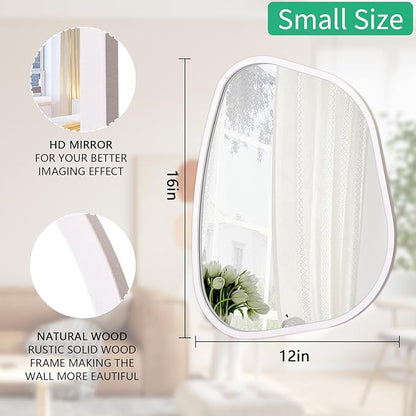Irregular Wall Mirror Asymmetrical White Mirror Modern Wood Frame Unique Shape Wall Mounted Vanity Artistic Mirror Decor for Living Room Bedroom Bathroom Entryway Hallway Large 16"x12"