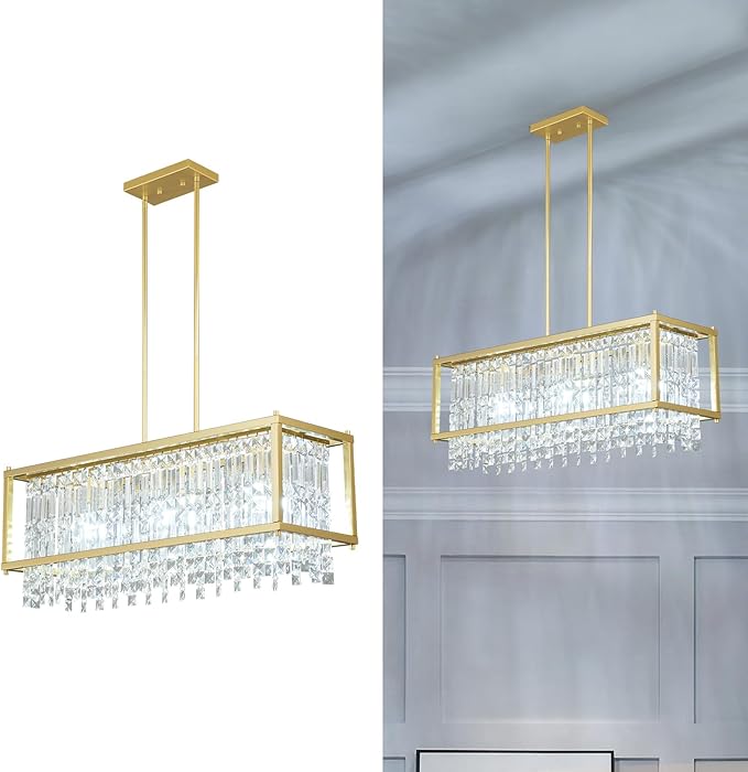 LMQNINE Modern Rectangle Chandelier for Dining Room, Gold Crystal Chandelier Linear Light Fixture, Farmhouse Chandeliers for Kitchen Island, Bar Table, L30.7'' x W9.84'' x H8.66''