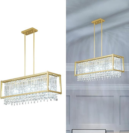LMQNINE Modern Rectangle Chandelier for Dining Room, Gold Crystal Chandelier Linear Light Fixture, Farmhouse Chandeliers for Kitchen Island, Bar Table, L30.7'' x W9.84'' x H8.66''
