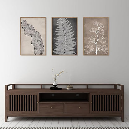 HLNIUC Botanical Neutral Framed Wall Art Set, Abstract Fern Leaf Canvas Wall Decor, Vintage Rustic Plant Wall Painting, Black Beige Nature Art Print for Living Room, Bedroom, Office - 16"x24"x3