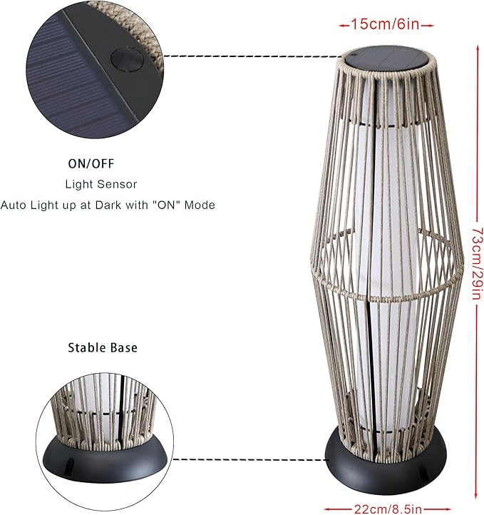TRIROCKS Outdoor Floor Lamp 2 Piece Solar Powered Lantern Wicker Solar Patio Lamp with Olifen Rope Waterproof Rattan Outside Solar Deck Light for Patio Garden Lawn Yard (Grey)