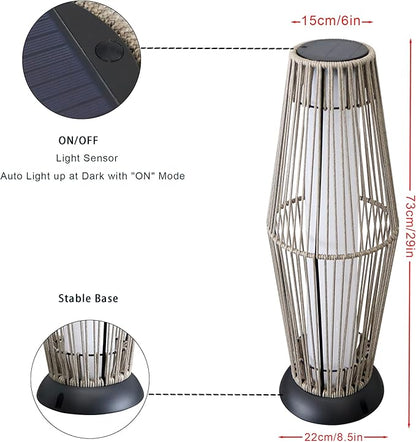 TRIROCKS Outdoor Floor Lamp 2 Piece Solar Powered Lantern Wicker Solar Patio Lamp with Olifen Rope Waterproof Rattan Outside Solar Deck Light for Patio Garden Lawn Yard (Grey)