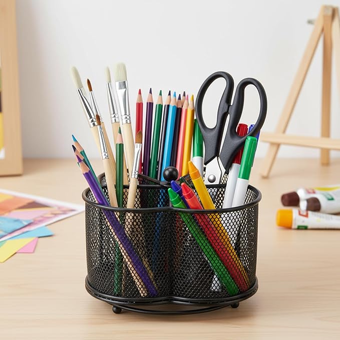 Rotating Pen Holder with 5-Compartment, Metal Mesh Pencil Organizer and Marker Holder for Desk, Crayon Organizer and Spinning Desk Organizer for Office School Supplies, Black