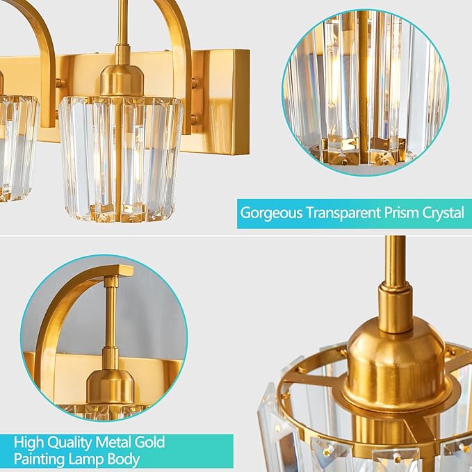 Modern Bathroom Vanity Light, 4-Light Gold Wall Sconce with Crystal Accents, Over Mirror Bathroom Lighting Fixture, 32.67" Long Dimmable Vanity Lamp for Makeup, Easy Installation
