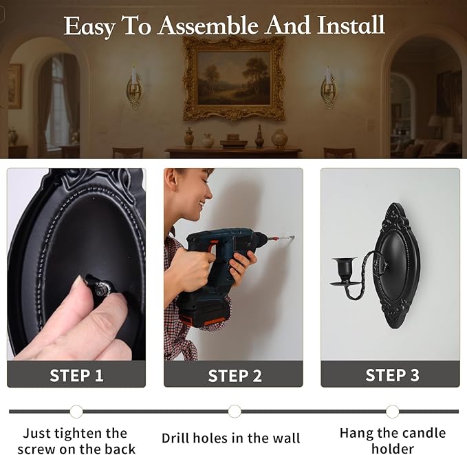 Black Candle Sconces Set of Two, Victorian Decor Royal Wall Sconce, Metal Rustic Candle Holder Baroque Home Wall Decor for Living Room, Dining Room, Bedroom, Fireplace, Hallway, Window