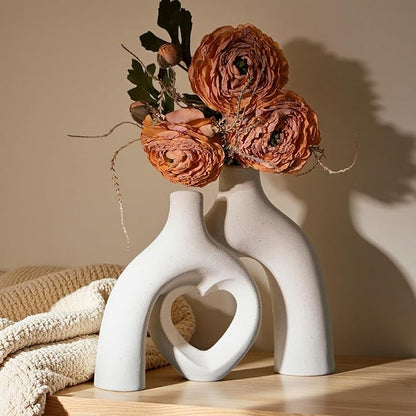 Modern Ceramic Vase, Snuggle Heart-Shaped Abstract Sculpture Vases, Minimalist Boho Home Decor for Living Room Shelf & Table Centerpiece Decorative Vase (Milky White)