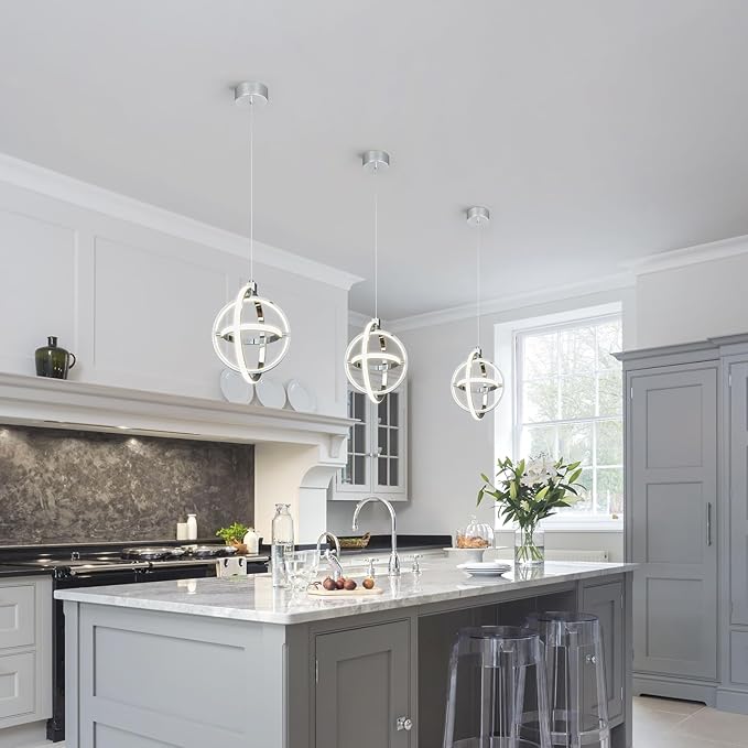 Modern LED Pendant Light Chrome Pendant Lights 4000K Dimmable External Glow Height Adjustable Pendant Lighting for Kitchen Island Dining Room Bedroom Living Room Foyer（3-Ring）