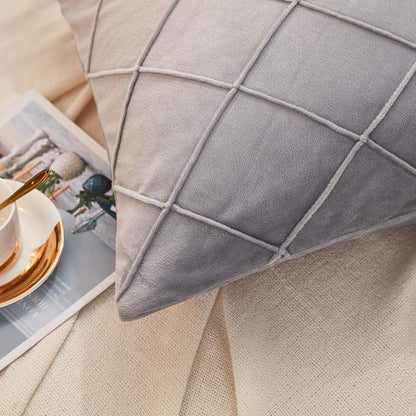 JAUXIO Diamond Pinch Pleated Crystal Velvet Pillowcases 2 Pack Solid Pintuck Throw Cushion Cover for Home Decor Hidden Zipper Closure (Light Grey, Standard)