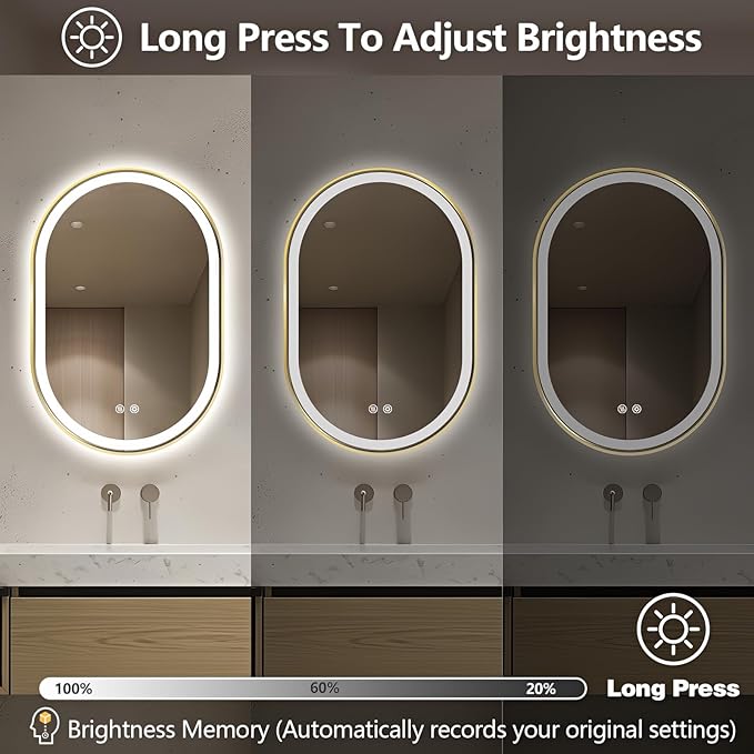 Niccy Oval LED Mirror for Bathroom, 40x24 Front Lit + Backlit Vanity Mirrors with Light Anti-Fog, Shatter-Proof, 3 Colors, Makeup Mirror with Old Gold Frame (Horizontal/Vertical)