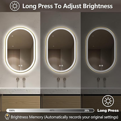 Niccy Oval LED Mirror for Bathroom, 40x24 Front Lit + Backlit Vanity Mirrors with Light Anti-Fog, Shatter-Proof, 3 Colors, Makeup Mirror with Old Gold Frame (Horizontal/Vertical)