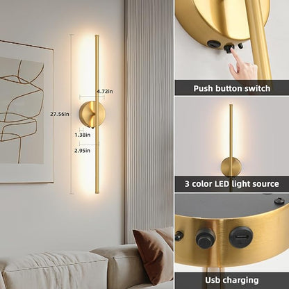 Wall Sconces Battery Operated Set of Two, Gold LED Wireless Wall Sconce with Remote Control 350° Rotate, 27.6 Inch Dimmable USB Rechargeable Wall Lights for Living Room Bedroom Hallway