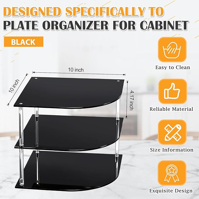 Novabright Acrylic Kitchen Cabinet Organizer with 3 Tier Acrylic Spice Organizer 10 x 10 x 4.17 Inch Black Plate Display Rack Fan Shaped Shelf for Kitchen Bathroom Countertop Desk Dishes Bowls Storage