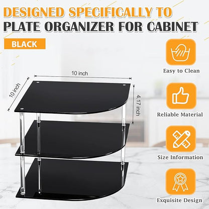 Novabright Acrylic Kitchen Cabinet Organizer with 3 Tier Acrylic Spice Organizer 10 x 10 x 4.17 Inch Black Plate Display Rack Fan Shaped Shelf for Kitchen Bathroom Countertop Desk Dishes Bowls Storage