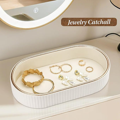 GORESE Oval Vanity Tray Perfume Organizer, PU Leather Valet Jewelry Trays Nightstand Organizer Key Bowl Trinket Dish for Entryway Dresser Bedside, Catchall Trays for Men Women, 11×5.9 in, Cream White