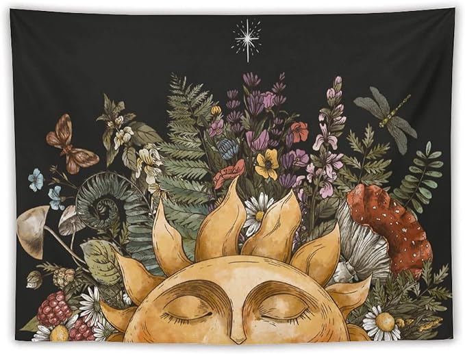Vintage Sun Tapestry Wall Hanging,Hippie Boho Mushroom Floral Plant Tapestries for College Dorm Living Room Bedroom Decor(60"x80")