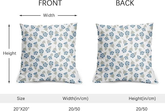 Blue Green Block Print Pillow Covers 20x20 Set of 2 Floral Spring Summer Flower Pattern Decorative Neutral Outdoor Throw Pillowcases Boho Cushion Cover Rustic Decoration Farmhouse Sofa Couch Bed Decor