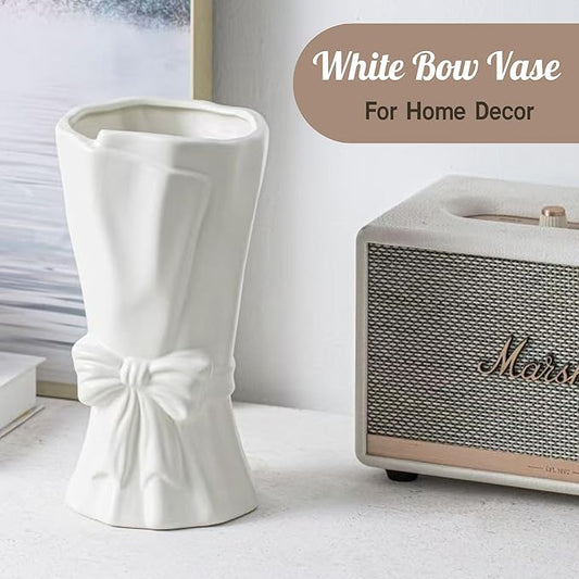 White Flower Vase for Home Decor, White Ceramic Vases for Boho Style, Bow Decor, 9.3 Inch Flower Vases for Bouquet, Large Vase for Ideal Shelf Decor/Table. (Large)