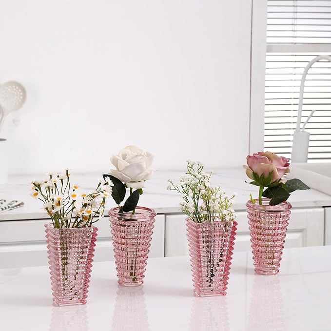 MCMCNCUIU Crystal Flower Vase Set of 4, Glass Vases for Centerpieces, Pink Vases for Flowers, Small Vase for Living Room, Bedroom, Kitchen, Office, Wedding