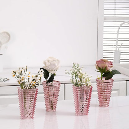 MCMCNCUIU Crystal Flower Vase Set of 4, Glass Vases for Centerpieces, Pink Vases for Flowers, Small Vase for Living Room, Bedroom, Kitchen, Office, Wedding