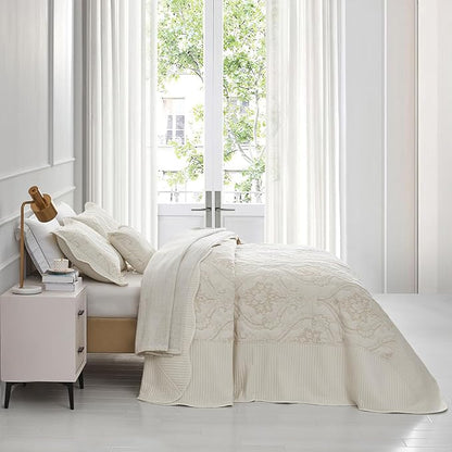 CHIXIN Bedspread Coverlet Quilt Set Full Size - Lightweight Bedding Cover - Beautiful Stitching - 5 Piece Reversible Bedspread - Gorgeous Damask Paisley Pattern (Full, Ivory-Yellow)