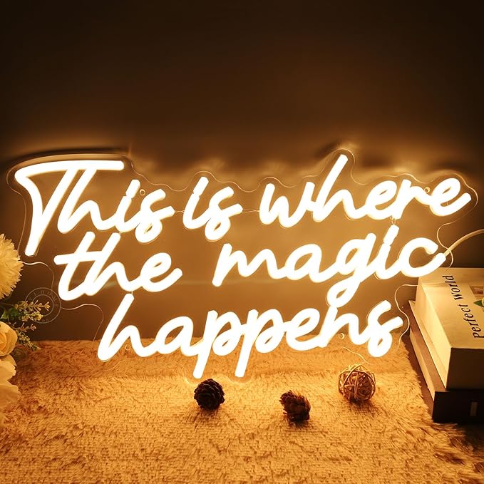 SYLHOME This Is Where The Magic Happens Led Neon Light Sign Bedroom Wedding Birthday Party Wall Decor Sign Bar Pub Kids Room Decoration USB 16.9" X 8.9" Warm White