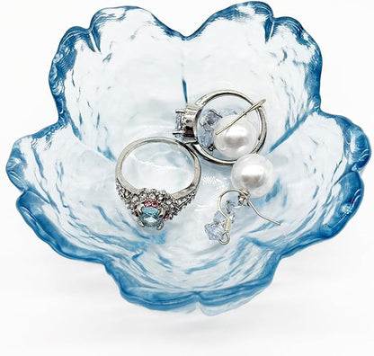 Glass Jewelry Dish Tray, Crystal Ring Holder Dish, Small Ring Dishes for Women Engagement Gift, Flower Trinket Bowl Jewerly Tray, Decorative Jewely Bowl, Jewlery Plate (Crystal Blue)