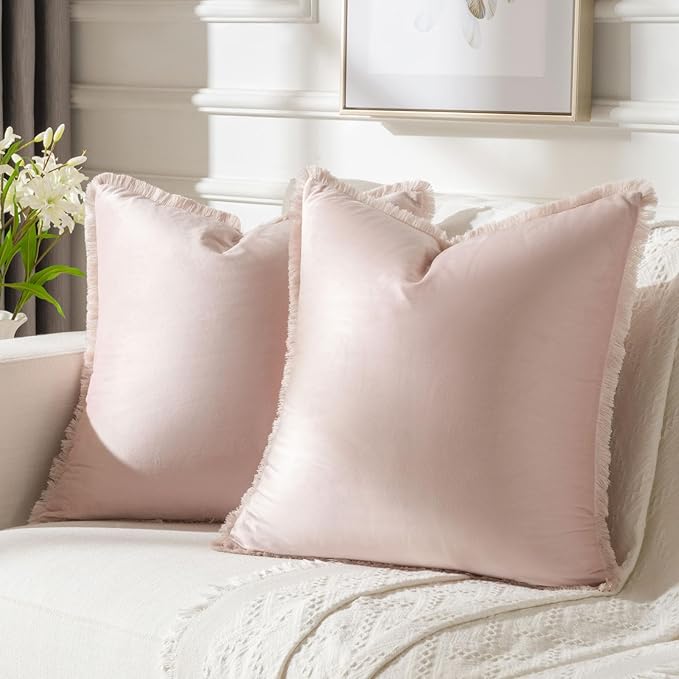 FUTEI Pink Velvet Decorative Throw Pillow Covers 26x26 Set of 2,Soft Cozy Edge with Tassels Euro Pillow Shams,Boho Modern Home Decor for Couch Bed Living Room