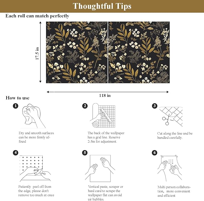 Black Gold Wallpaper Peel and Stick Dark Floral Wallpaper 17.5in x 118in Vintage Leaf Contact Paper Vinyl Waterproof Self Adhesive Boho Botanical Wall Paper for Bedroom Cabinet Décor
