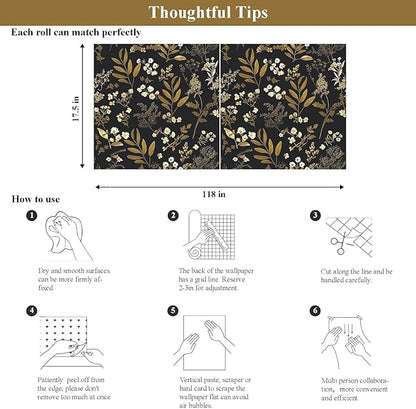 Black Gold Wallpaper Peel and Stick Dark Floral Wallpaper 17.5in x 118in Vintage Leaf Contact Paper Vinyl Waterproof Self Adhesive Boho Botanical Wall Paper for Bedroom Cabinet Décor