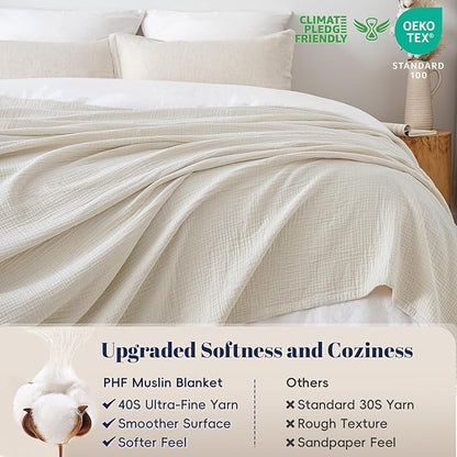 PHF 100% Cotton Muslin Blanket King Size 108"x90", 4-Layer Lightweight Gauze Throw, Breathable Cloud-Soft Minimalist Blanket for Bed, Couch, Camping & Baby, Oat Milk, Ideal Gift